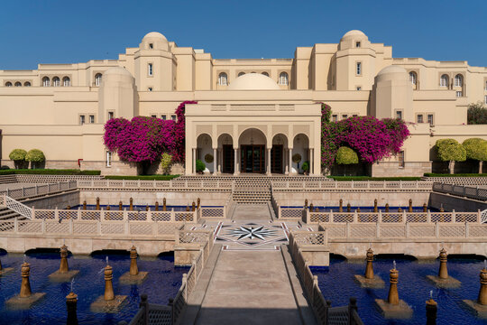 Beautiful view of Oberoi Amarvilas Hotel in Agra with water features and floral decorations near the Taj Mahal in Uttar Pradesh, India