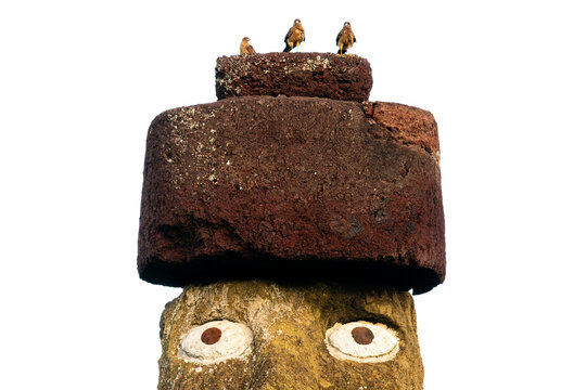 Moai statue with birds on top at Rapa Nui, Chile showcases cultural heritage and history on Easter Island