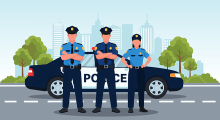 Police officers standing in front of a police car in a city vector illustration © Purnomo
