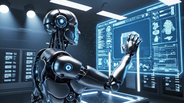 Advanced futuristic robot interacting with holographic digital interface in high tech environment