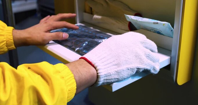 Controlling modern industrial equipment using a keyboard. Close-up of the operator's hands operating the machine.