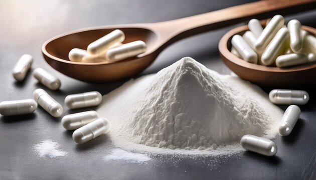 collagen powder and capsules on the table selective focus
