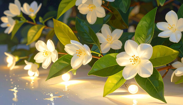 White flowers branch with green leaves