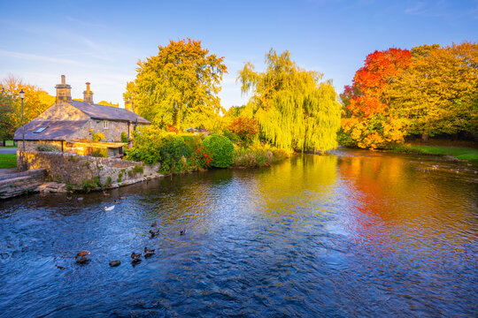 Cottage by River Wye in autumn with colorful trees and water in Ashford, Bakewell, Derbyshire Dales, England