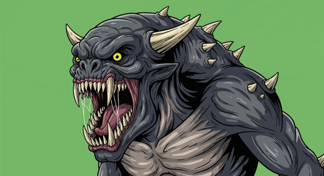 Detailed vector illustration of a ferocious grey beast with an open mouth showing sharp fangs and drool, featuring yellow eyes and white spikes on a solid green background.