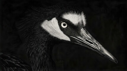 Obraz premium Close-up grayscale crane portrait, dark background. Possible use nature photography