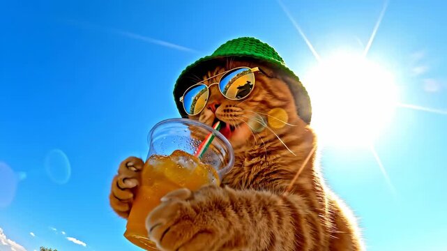 Anthropomorphic Orange Cat Wearing Sunglasses and Green Bucket Hat Drinking Iced Beverage Against Blue Sky Sunburst