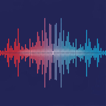 Red and blue digital music equalizer sound wave visualization. High fidelity audio frequency bars on dark background. Gradient spectrum pulse for studio or recording.