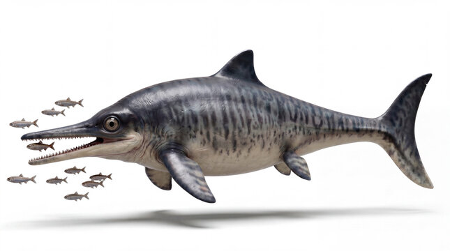 Ichthyosaurus communis attacking a school of fish, displaying rapid predatory movement and feeding behavior in a scientific reconstruction on a white background.
