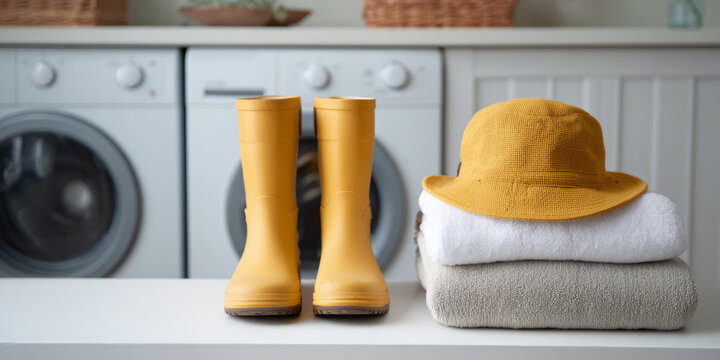 Yellow rain boots and hat with towels