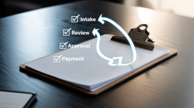 Business Process Workflow Checklist on Clipboard with Arrows on Wooden Desk