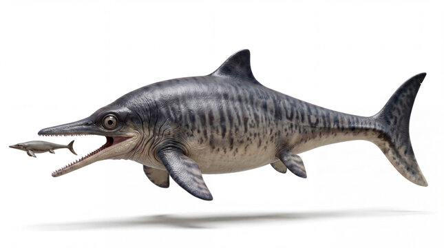 Ichthyosaurus communis hunting a small marine reptile, capturing a dynamic predation scene in a scientifically accurate reconstruction on a clean white background.