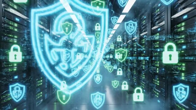 Futuristic server room in a data center with glowing digital security lock and shield icons representing cyber protection and data privacy