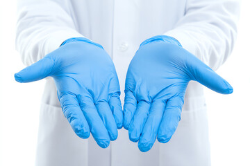 Fototapeta premium A medical professional in blue gloves holds out their hands, symbolizing safety and hygiene in healthcare practices.