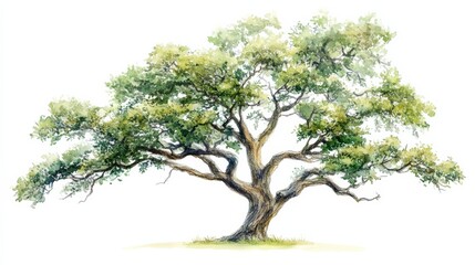 Obraz premium Majestic oak tree with sprawling branches and lush leaves on a white background in a forest setting