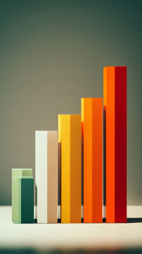 Colorful 3D bar chart with five vertical columns of varying heights, representing business growth and financial statistics. Modern minimalistic design with vibrant gradient colors and soft shadows