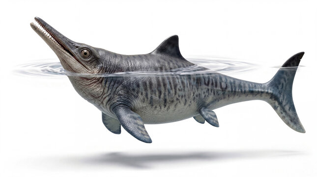 Ichthyosaurus communis surfacing to breathe air, marine reptile emerging above water in a natural respiration moment, isolated on a white background.
