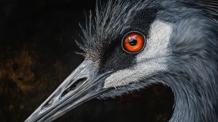 Obraz premium Close-up crane portrait, dark background. Nature photography. Possible use for nature, wildlife, bird photography stock