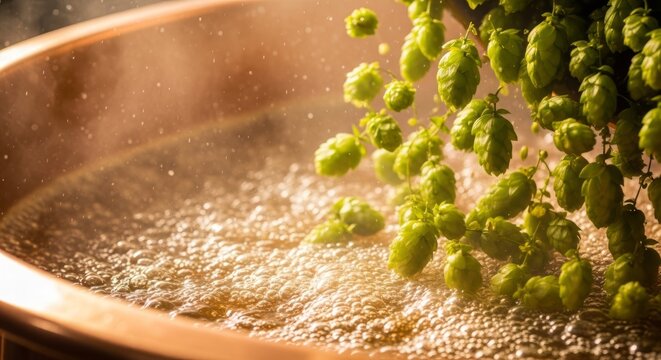 Fresh green hop cones falling into boiling hot wort in a large copper brew kettle. Brewing process of craft beer production. Traditional beverage making technology in a brewery factory.