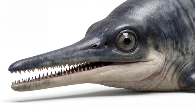 Ichthyosaurus communis head close-up showing detailed facial anatomy, eye, jaws and teeth in a realistic scientific reconstruction on a clean white background.