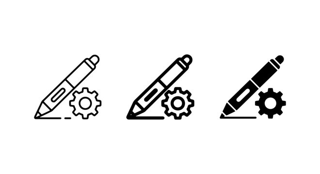 Pen and Gear Icons: Writing, Drafting, Engineering, Design, and Technical Solutions Vector Set