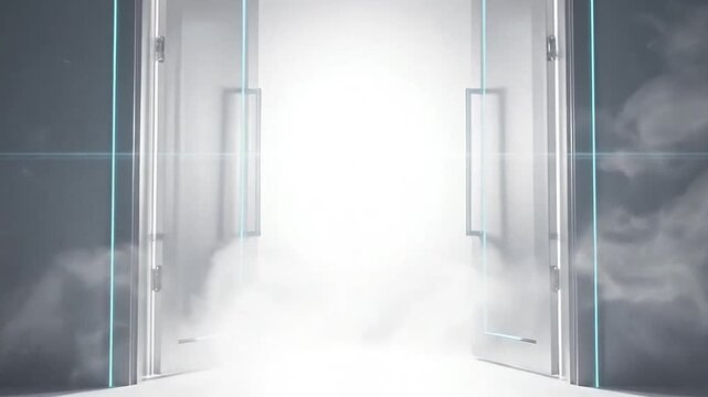 A bright light shines through an open doorway, illuminating the surrounding area with brilliance