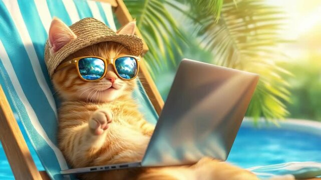 Cute ginger tabby cat kitten in straw hat and sunglasses working on laptop while relaxing in beach chair by the pool, funny animal summer vacation concept