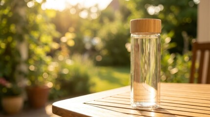 Fototapeta premium Glass water bottle on wooden table in sunny garden