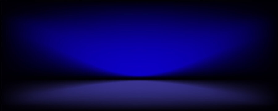 black studio background. Abstract limbo podium studio room. Dark blue gradient wall floor and spotlight scene. Showcase, promotion display. Vector stage mockup illustration