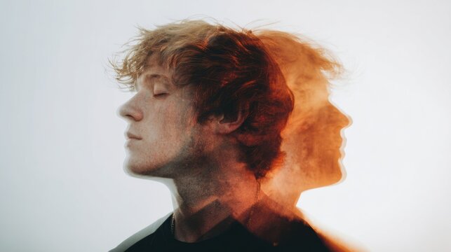 Double exposure portrait of a man with brown hair blending with abstract colors and light