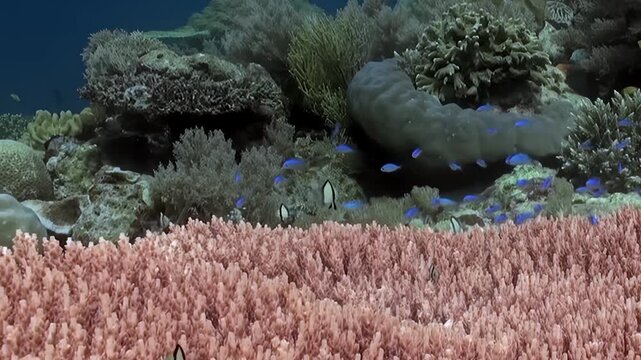 Vibrant azure damselfish flit and swirl gracefully above a sprawling, textured pink coral landscape.