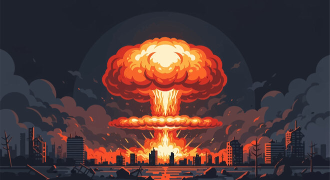 Detailed vector graphic showing a large atomic explosion with a bright orange mushroom cloud rising above a destroyed cityscape with silhouettes of ruined skyscrapers and smoke.