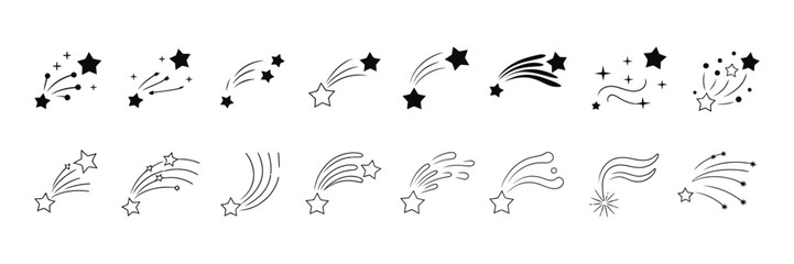 Shooting Stars icon vector set comet tail and star trail illustration sign collection representing motion speed and cosmic space fantasy concept modern design. © ABUBOKKORsiddik