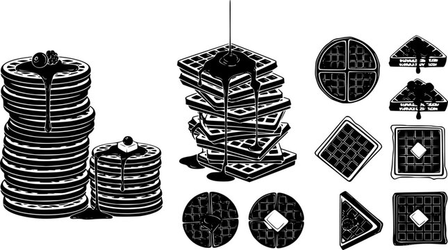Stacked waffles and slices black and white vector silhouette illustration set
