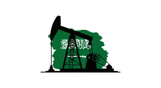 Black silhouette of a petroleum pumpjack oil well positioned in front of a green Saudi Arabian flag with brushstroke texture, isolated on a white background for industrial design.