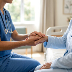 Obraz premium Close-up of Compassionate Nurse Holding Senior Patient's Hand in Hospital Room, Healthcare Professional Comforting Elderly Man, Support, Empathy, and Geriatric Care Concept