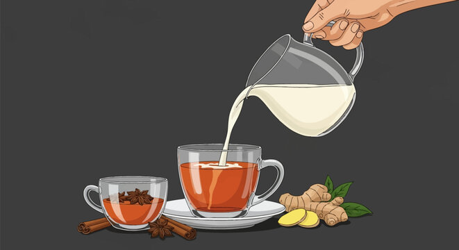 Hand pouring fresh milk from a clear glass pitcher into a glass mug of hot spiced tea, featuring ginger root, star anise, and cinnamon sticks against a solid dark background.