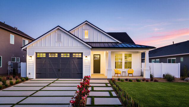 Modern farmhouse style home exterior at dusk with white siding and dark roof real estate exterior