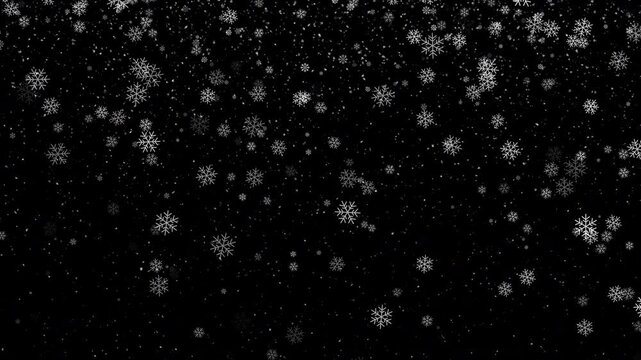 Winter snowfall. Overlay with falling snowflakes. Animation for Christmas or winter themes. Loop, ProRes with alpha channel, transparent background. 