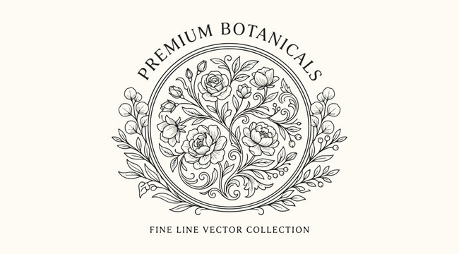 Premium botanicals fine line vector collection, floral emblem with roses and leaves in a circular frame