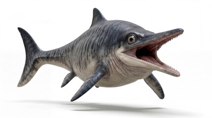 Fototapeta premium Ichthyosaurus communis swimming forward in a streamlined pose, fully extended body showing natural locomotion, isolated on a clean white background.