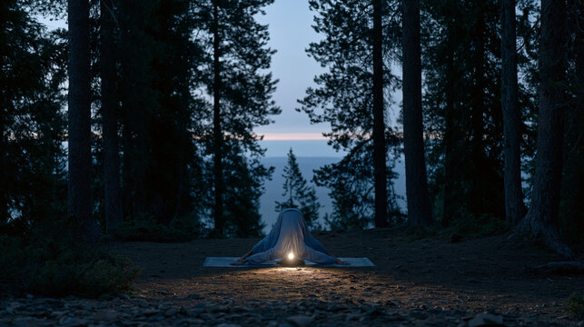 Yoga at forest camp predawn hour, a practitioner in downward dog pose illuminated solely by a headlamp beam directed at the mat, silhouetted trees surrounding the clearing and a thin band of pre-sun