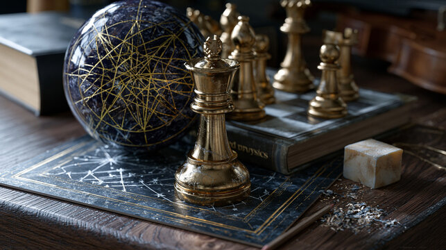 Symbolic flat lay of gifted child's desk: chess trophies, advanced physics book, hand-drawn star charts, violin rosin cube, pencil shavings, on dark walnut surface, dramatic raking light, ideal for 