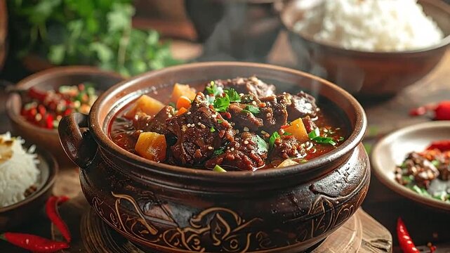 A delicious stew with vegetables and rice served in a rustic ceramic bowl on a wooden table