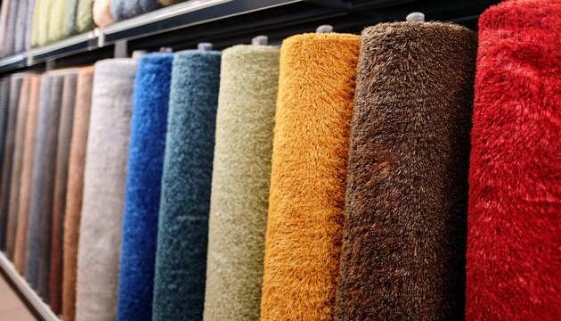 samples of carpets of different colors on a stand in a store or production generative ai