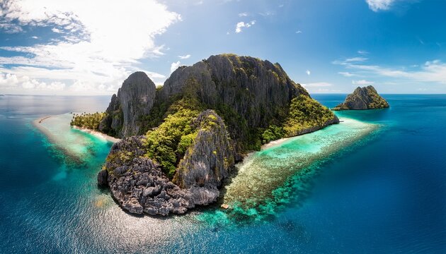 aerial drone panorama picture of tropical paradise epic entalula island karst limestone rocky mountains surrounds the blue lagoon with beautiful coral reef