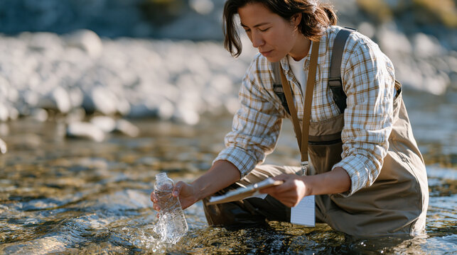 Single professional environmental scientist collecting water samples from river basin under harsh midday sun, wading boots submerged, clipboard notes on clipboard lanyard, World Environment Day fiel