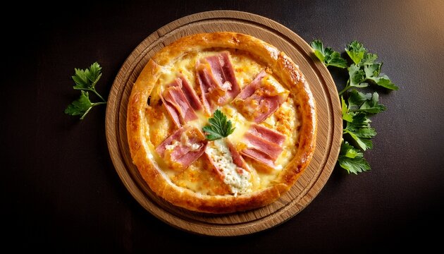 turkish pide pizza with melted cheese and ham on wooden board