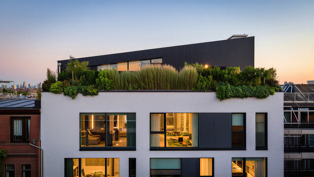 Modern residential building with green roof and large at sunset eco friendly real estate building