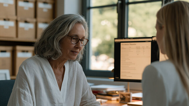 Retiring corporate secretary transitioning governance platform administrator credentials to successor in corner office, decades of board minutes in archival boxes along wall, city park greenery visi